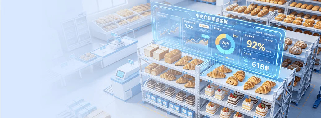 烘焙e家中央WMS仓储模块总部实时查看全门店库存一键发起跨店调拨滞销互通功能示意图