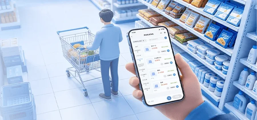 批发商城客户微信扫码绑定商城24小时浏览商品加购下单自主订货功能示意图