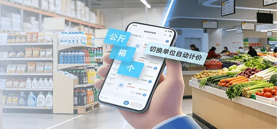 批发商城多单位切换下单公斤箱个自动换算计价农贸生鲜批发场景功能示意图