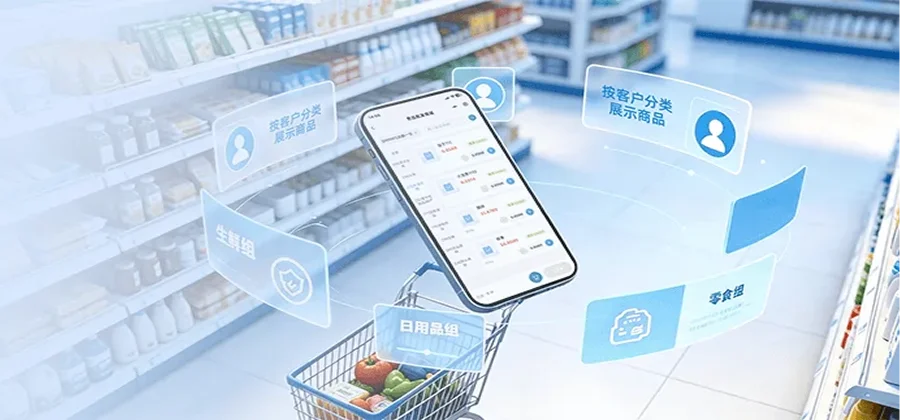 批发商城商品可视权限分层按客户分组控制可见商品非供货品类隐藏功能示意图