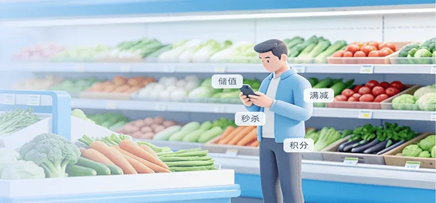思迅eShop小象生鲜专属会员体系储值积分满减秒杀早晚市折扣精准触达功能示意图