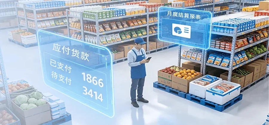 移动供应链自动核算月度结算系统汇总应付货款扣减费用生成最终结算金额功能示意图