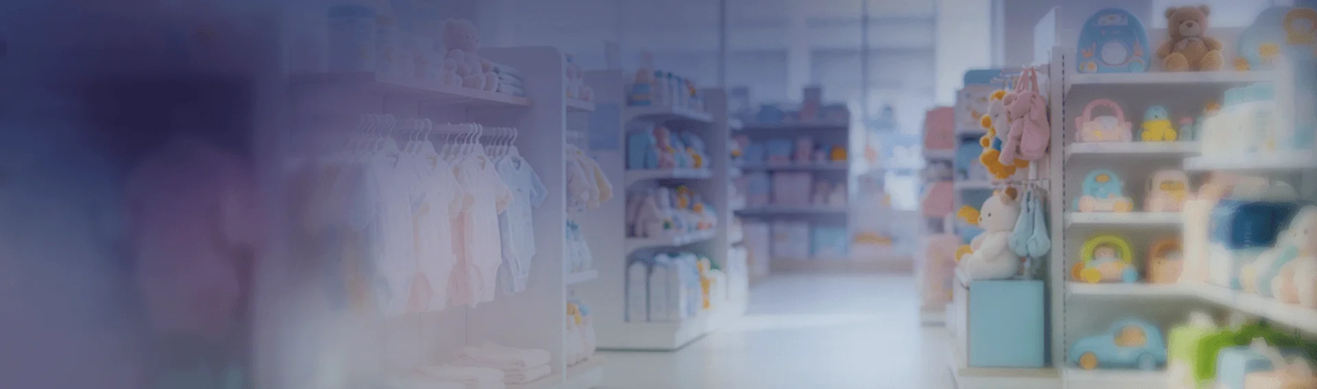 母婴门店内的童装、玩具与婴童用品陈列场景，思迅eShop考拉母婴连锁管理平台