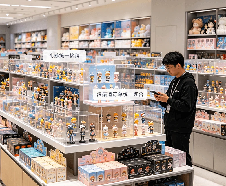 连锁潮玩店批购发分销经营场景示意图：展示B2B客户订货价格分级与配送跟踪