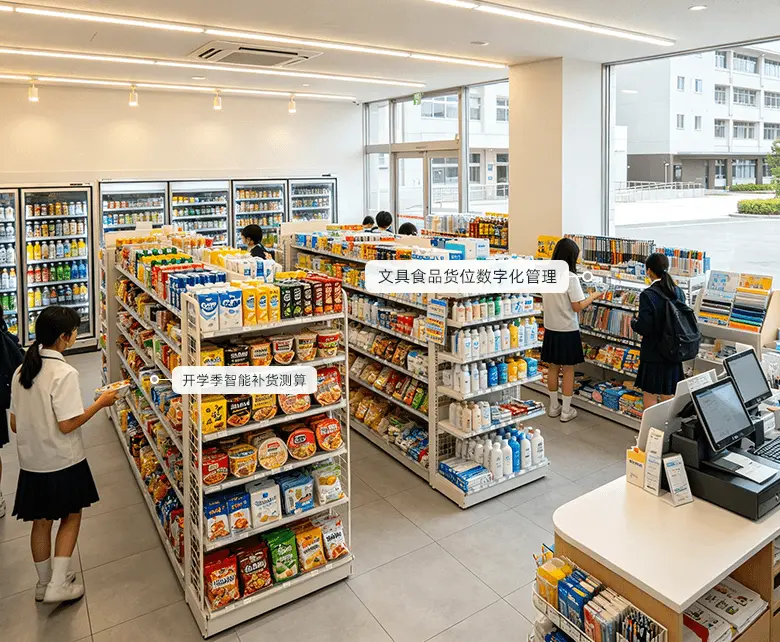 校园超市师生快消文具经营场景：靠墙冷藏饮料柜与中央零食速食货架沿通道排布，学生选购文具本册，收银台自助结算，配套货位数字化管理与开学季智能补货测算