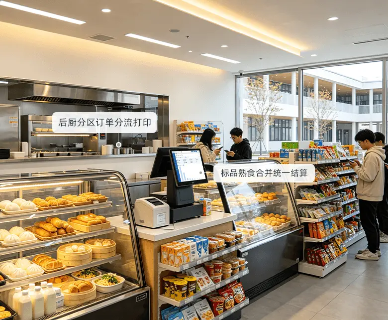校园超市简餐烘焙熟食经营场景：保温展示柜陈列蒸包、面点与现烤面包，后厨不锈钢操作区加工热食，标品与鲜食合并一单结算，订单按档口分流打印