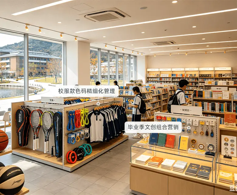 校园超市校服文体文创经营场景：运动器材架陈列球拍、球类与跳绳，校服衬衫按款色码挂陈，图书书架与玻璃展柜摆放文创徽章、纪念礼品