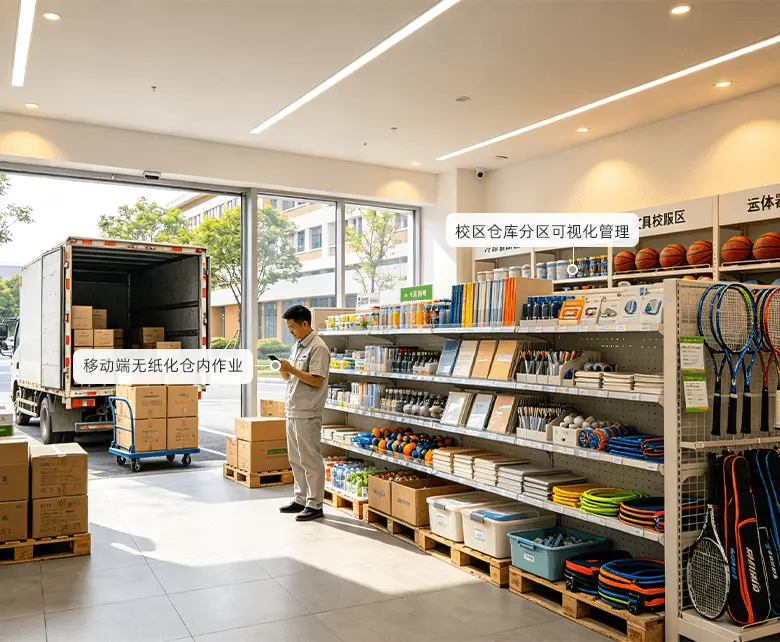 校园超市前置仓储配送经营场景：货车停靠卸货口卸下整箱物资，托盘与纸箱按区码放，仓管手持终端完成入库盘点，校服文具与体育器材分区上架
