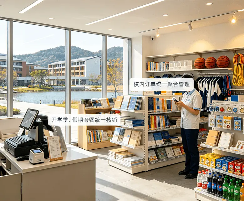 校园超市线上私域商城经营场景：收银台POS与自助终端处理校内订单，货架陈列图书文具与体育用品，店员手持终端拣货，线上订单聚合后台统一核销开学季套餐