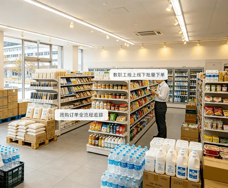校园超市教职工团购批发经营场景：成袋米面与整箱矿泉水、食用油堆头集中备货，冷藏柜与休闲食品货架同步补货，教职工批量下单并全流程追踪团购订单