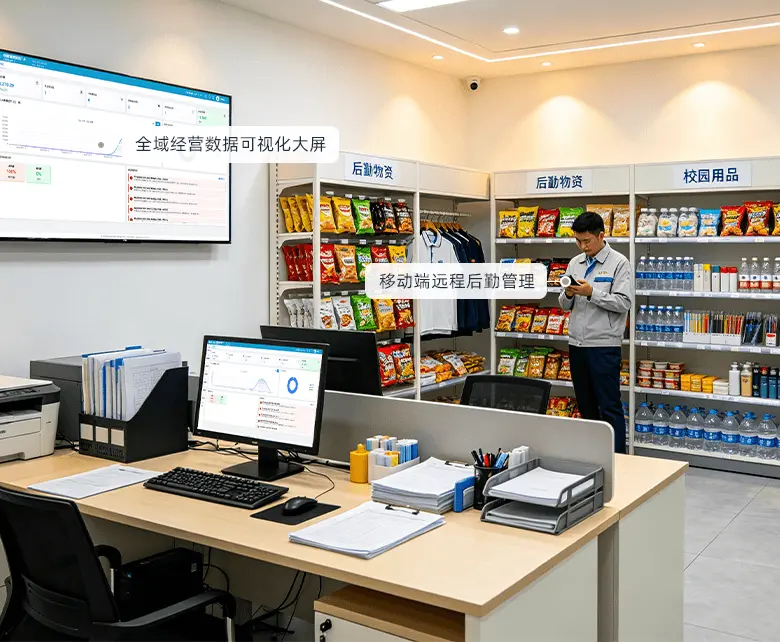 校园超市供应链管控经营场景：卖场多排饮料零食货架按品类补货，收银台POS与扫码设备结算，后勤集中统一采购订货并输出多维经营分析报表
