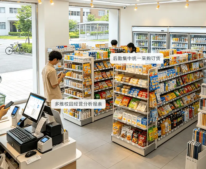 校园超市后勤总部全域管控经营场景：后勤办公室悬挂全域经营数据可视化大屏，后勤物资与校园用品货架分区补货，管理人员手持终端远程巡店