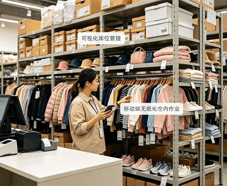 服装大卖场鞋包配饰配套零售场景示意图：展示多品类合并收银与配饰货位盘点