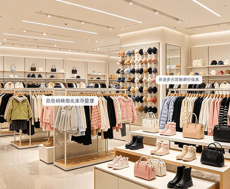 服装大卖场门店前台收银场景示意图：展示多色多码扫码结算与卖场货位管理