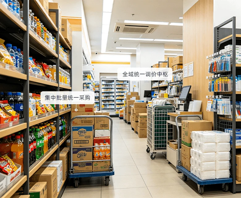 连锁便利店供应链管控经营场景：卖场后区成箱商品与纸巾堆头集中备货，拣货车配合门店分拨，支撑集中批量统一采购与全域统一调价
