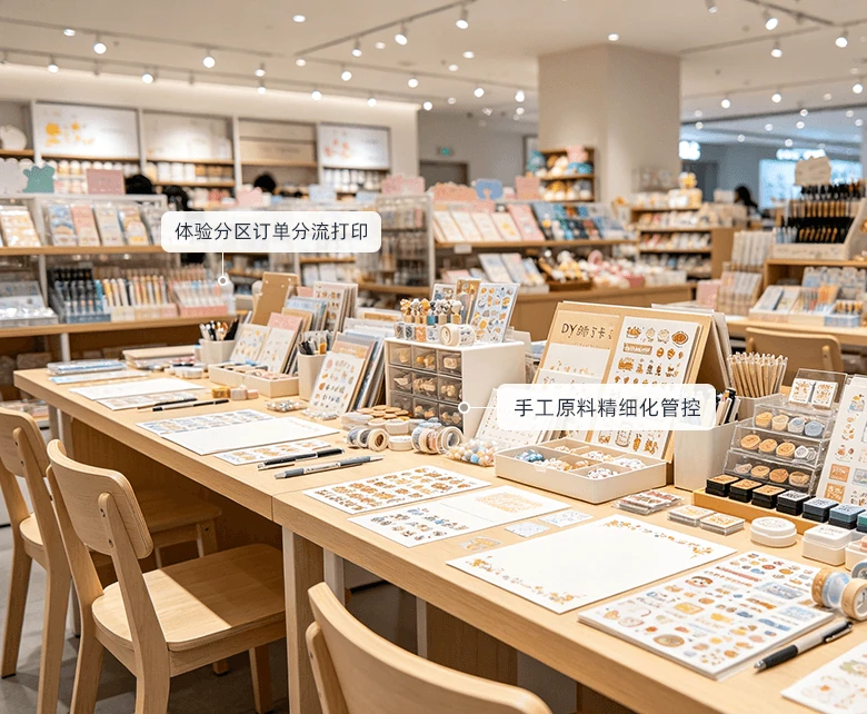 连锁书咖图书文创零售复合经营场景示意图：展示餐饮零售合并收银、货位盘点与组合套餐