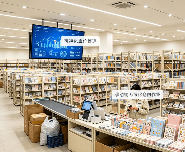 文创连锁管控经营场景示意图：展示多店标准化运营与总部数据大屏