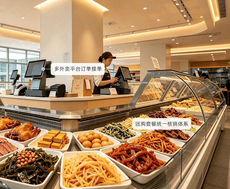 卤味即时零售线上私域场景：门店店员在收银台操作双屏设备与叫号屏处理订单，弧形玻璃展柜陈列卤鸭、卤蛋、豆干与卤菜拼盘并打包外带纸袋，配套多外卖平台订单接单与团购套餐统一核销