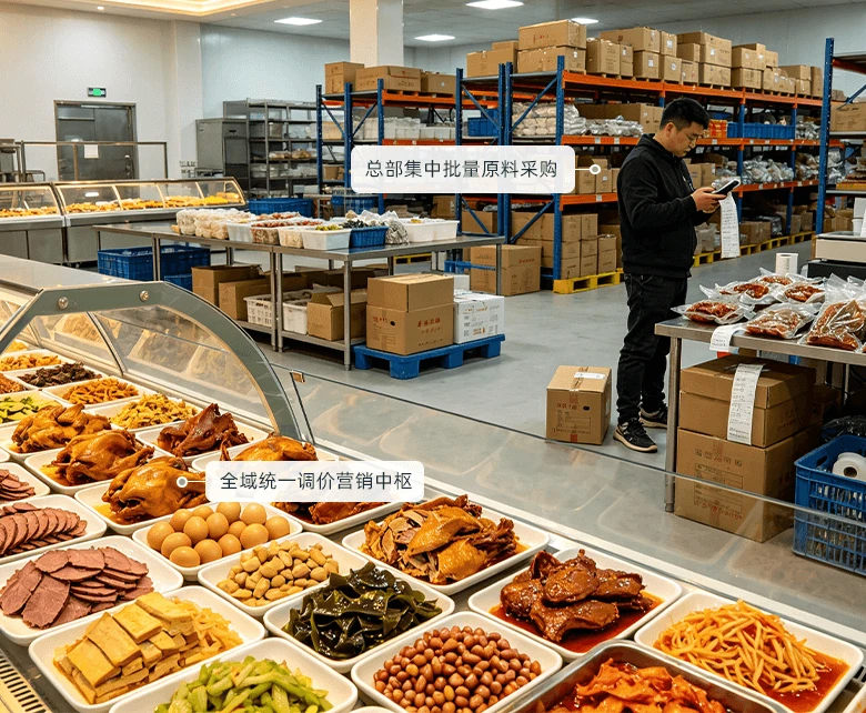 卤味供应链管控场景：仓库内工作人员手持终端核对库存单据，蓝色高位货架整箱码放原料与周转箱，前场玻璃展柜陈列卤鸭、卤牛肉、卤蛋、豆制品与花生毛豆等成品，配套总部集中批量原料采购与全域统一调价营销中枢