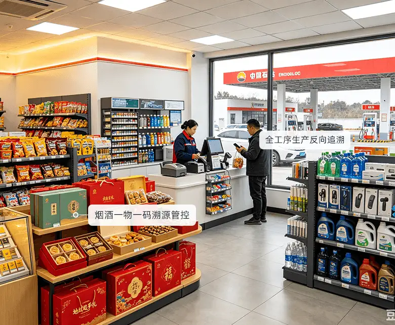 加油站超市烟酒特产与汽车用品场景：礼盒特产堆头搭配机油、玻璃水等车品货架，烟酒一物一码溯源，批次流转台账可查