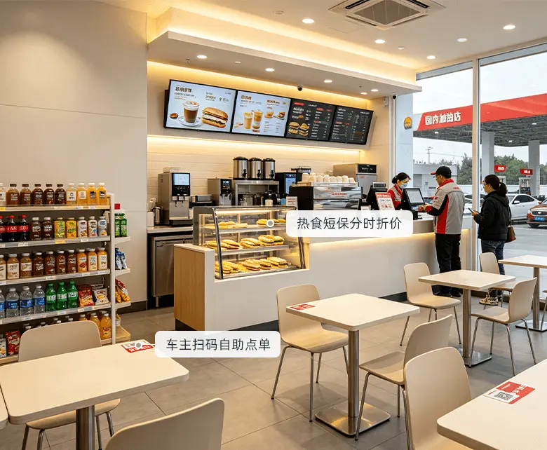加油站超市咖啡简餐场景：吧台现磨咖啡与保温柜热食，配套堂食餐桌，车主扫码自助点单，短保热食分时折价清货