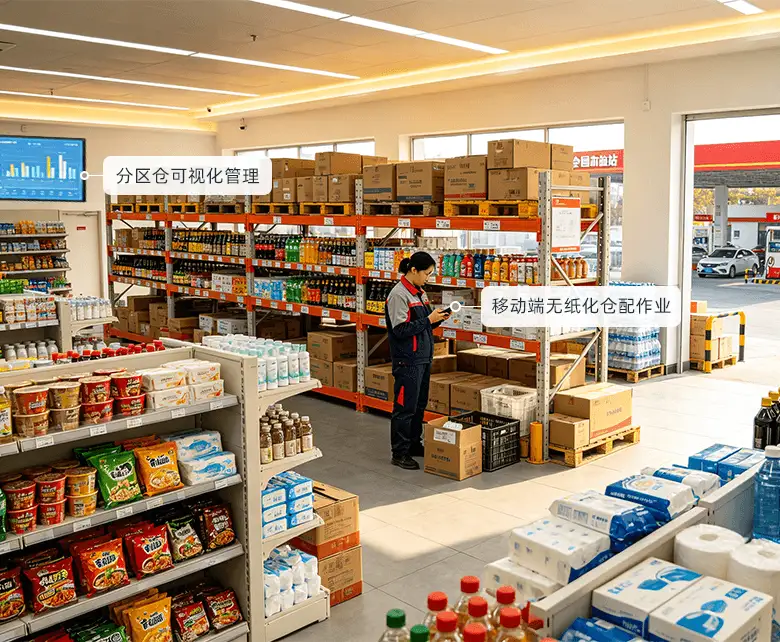 油站前置仓储配送场景：分区货架与托盘存放饮料、酒水、纸巾等非油商品，仓管手持终端无纸化盘点出库，库存看板可视化管理