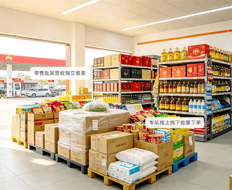 加油站超市车队企业批发分销场景：整箱粮油饮料在托盘备货打包，车队线上线下批量下单，零售与批发营收分开核算对账