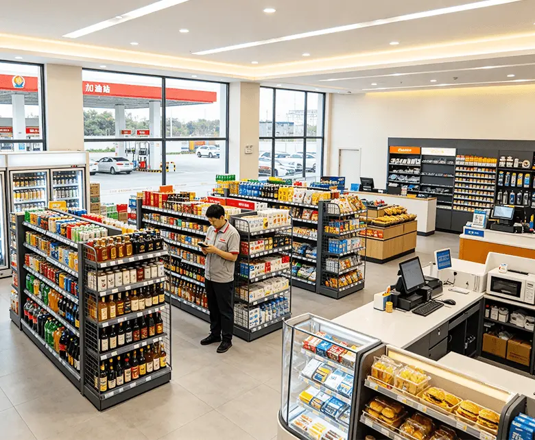 油企非油供应链统一采购场景：便利店卖场陈列酒水饮料、冷藏食品与汽车用品专区，供应商资质与集采价格统一管理