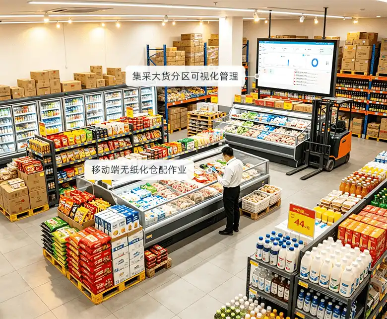 折扣硬折扣超市中央集采分拨仓储场景：仓内高位货架整箱囤货、托盘整箱码放，叉车作业，墙面悬挂仓储可视化大屏，仓管手持终端盘点，配套集采大货分区可视化与移动端无纸化仓配作业