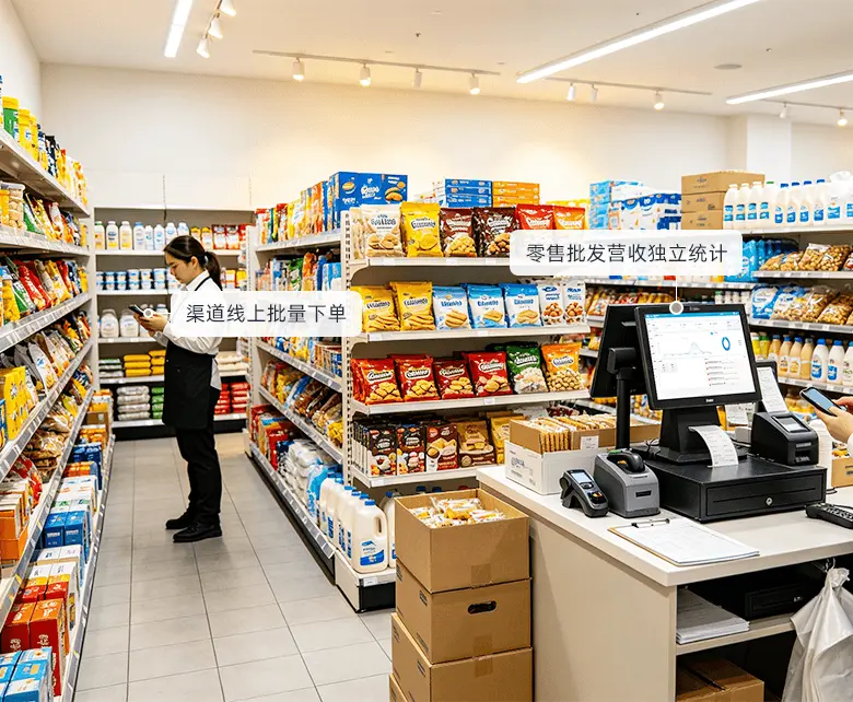 折扣硬折扣超市渠道批发供货场景：收银台一体机结算，店员手持终端理货拣货，通道整箱纸箱备货堆放，配套渠道线上批量下单与零售批发营收独立统计