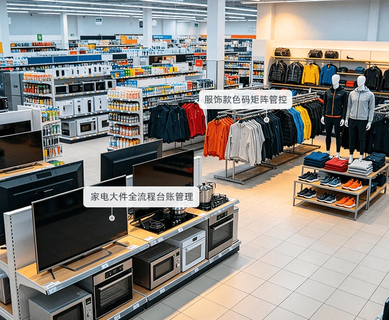 大卖场家电家居服装复合经营场景：电视、厨电等大小家电集中陈列，服饰鞋帽按款色码挂陈，家电大件台账与服饰矩阵分别管控