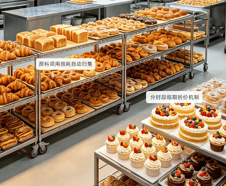 大卖场熟食烘焙现制加工场景：后厨烤盘车批量出炉面包与裱花蛋糕，原料领用损耗自动归集，短保商品按时段临期折价
