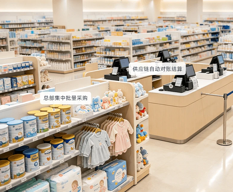 母婴超市集团总部连锁管控经营场景示意图