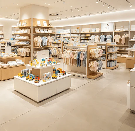 母婴童装玩具用品经营场景示意图：展示益智玩具婴儿车床的品类运营与组合营销