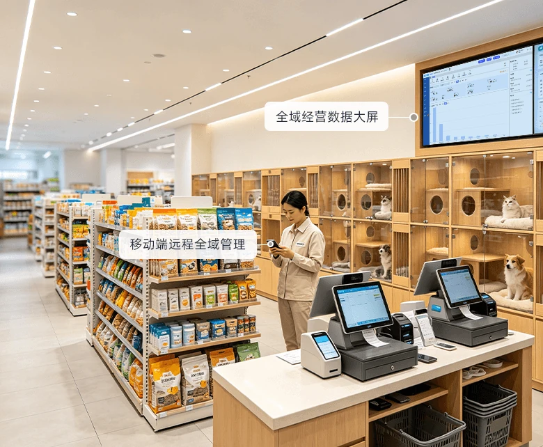 宠物店总部全域管控场景：卖场右侧木质宠物笼舍饲养多只猫咪与小犬，墙面壁挂大屏展示经营数据看板，店员手持移动设备巡店，前台多点收银台同步结算，配套全域经营数据可视化大屏与移动端远程全域管理