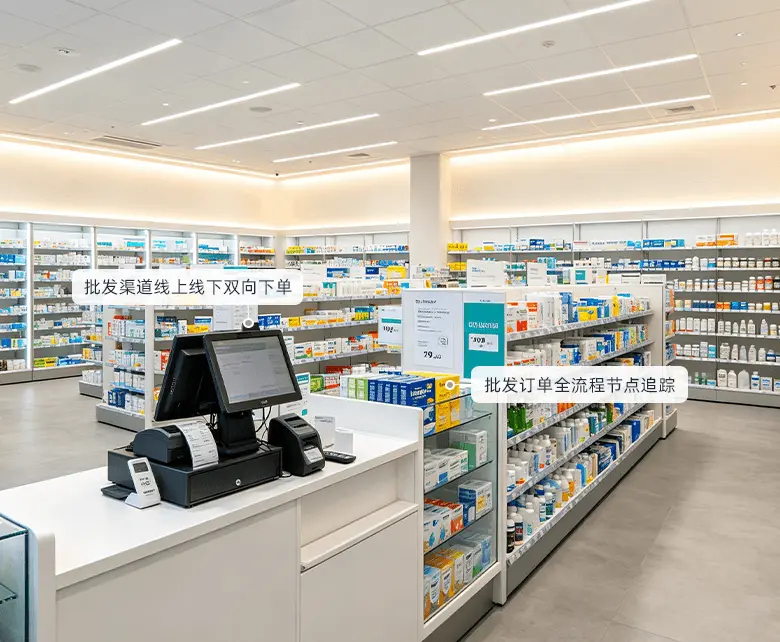保健品专营超市线上即时零售场景示意图：展示多平台订单聚合与门店拣货备货