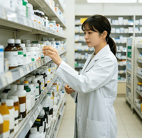 医药连锁批号效期经营场景示意图：展示批号追踪效期预警与先进先出管理