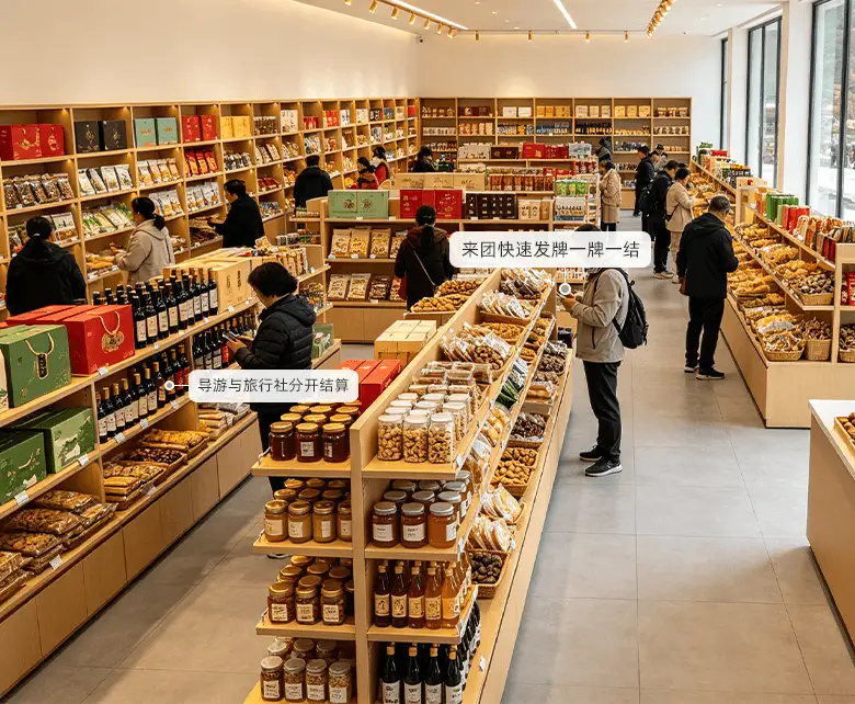 景区旅游特产超市旅行团管理场景：特产卖场两侧木质货架与中岛陈列蜂蜜干货、茗茶酒水，旅行团游客集中逛店选购，配套导游快速发牌一牌一结与旅行社分开结算