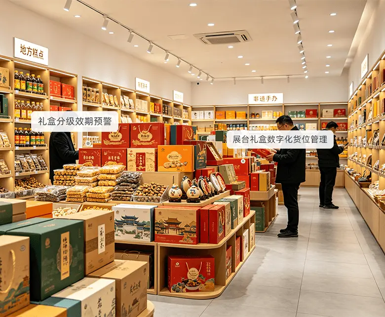景区旅游特产超市地方特产礼盒零售场景：地方糕点、老字号、非遗手办分区货架与礼盒展台堆头陈列，配套礼盒分级效期预警与展台礼盒数字化货位管理
