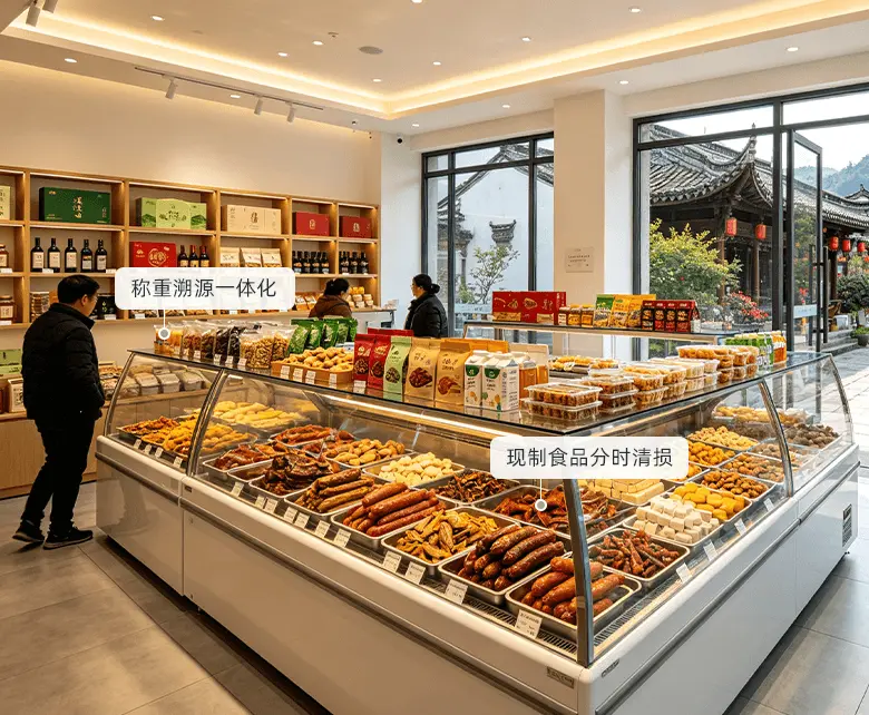 景区旅游特产超市现制小吃生鲜农产场景：玻璃明档冷藏展示柜陈列现卤熟食、香肠与现烤糕点，柜台配置电子秤打印溯源价签，配套称重溯源一体化与现制食品分时清损