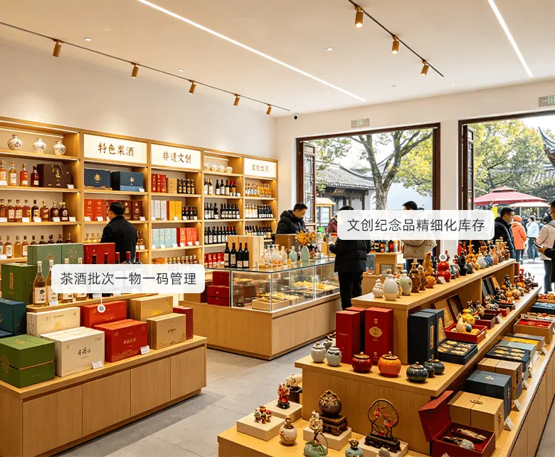 景区旅游特产超市茗茶酒水文创复合场景：特色果酒、名酒货架与非遗文创摆件展台分层陈列，配套茶酒批次一物一码管理与文创纪念品精细化库存
