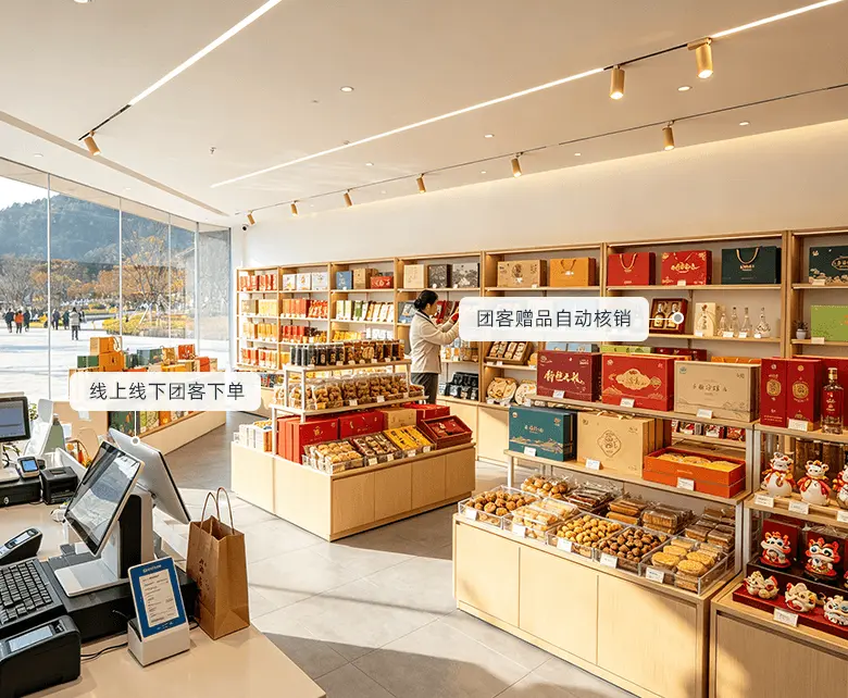 景区旅游特产超市景区团客接待场景：双屏收银一体机前团客集中结算，礼盒货架与糕点展台陈列伴手礼，配套线上线下团客下单与团客赠品自动核销