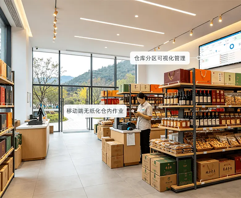 景区旅游特产超市仓储景区配送中心场景：仓内货架整箱备货、纸箱码放待发，仓管手持终端盘点作业，墙面悬挂仓储可视化大屏，配套仓库分区可视化与移动端无纸化仓内作业