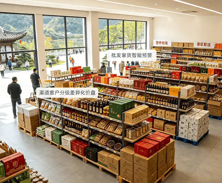 景区旅游特产超市旅行社渠道批发分销场景：整件批发与景区配送专区货架整箱陈列，托盘堆码特产礼盒待发，配套批发窜货智能预警与渠道客户分级差异化价盘
