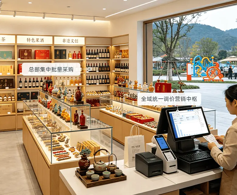 景区旅游特产超市供应链文旅采购管控场景：茗茶、特色果酒、非遗文创分区货架与玻璃展示柜陈列，收银台旁设茶具礼盒展台，配套总部集中批量采购与全域统一调价营销中枢