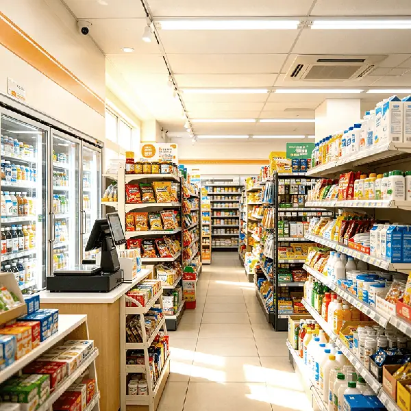 中小综合超市和社区超市门店实景图：收银台通道、冷藏饮料柜与休闲食品、调味粮油货架陈列