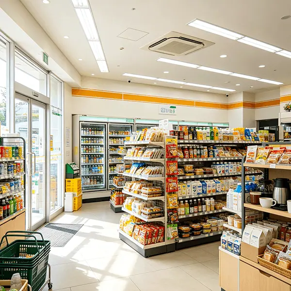 大型连锁便利店门店实景：落地玻璃门外摆绿色购物筐，店内双门冷藏饮料柜、零食综合货架与咖啡机沿通道排布，收银台集中结算