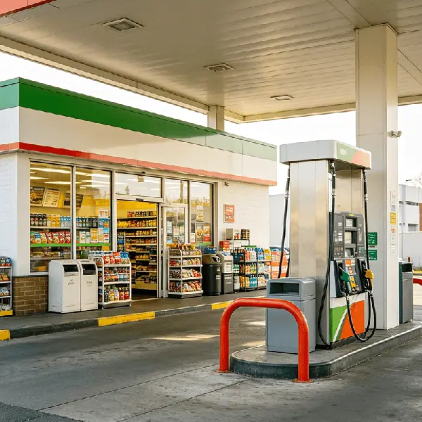 加油站便利店：门店正对加油机位，门外堆头与店内货架陈列饮料零食、冷藏饮品等快消商品