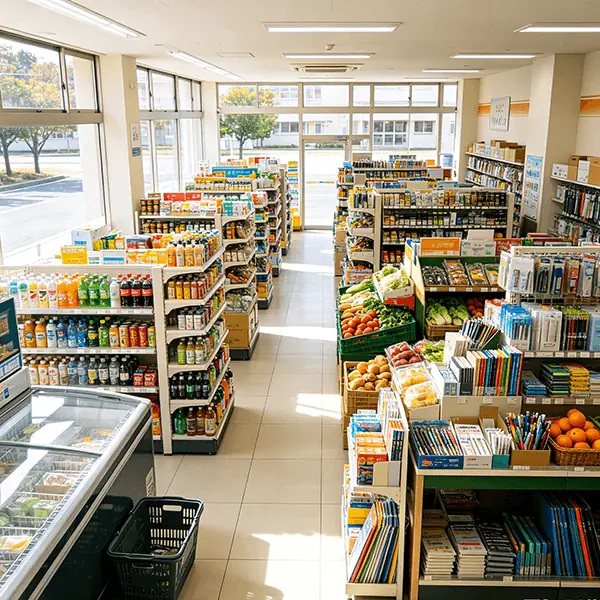 校园综合超市门店实景：中央通道两侧陈列饮料酒水货架与卧式冷藏柜，右侧生鲜果蔬与文具本册专区，冷柜旁备绿色购物篮