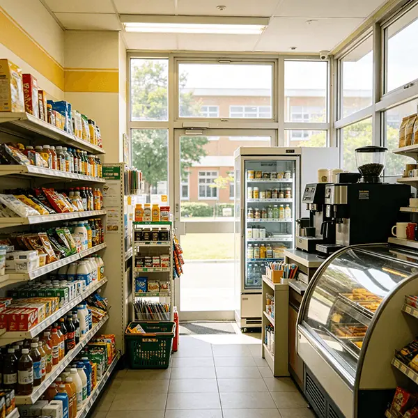 校内小店便利店门店实景：窄通道一侧为休闲食品饮料货架，另一侧陈列冷藏饮料柜、咖啡机与面包西点展示柜，门口备绿色周转筐